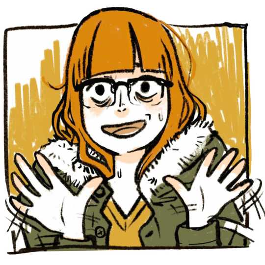 A digital portrait of a white person wearing a fur-hooded green coat and glasses, waving with both hands, looking a bit nervous.